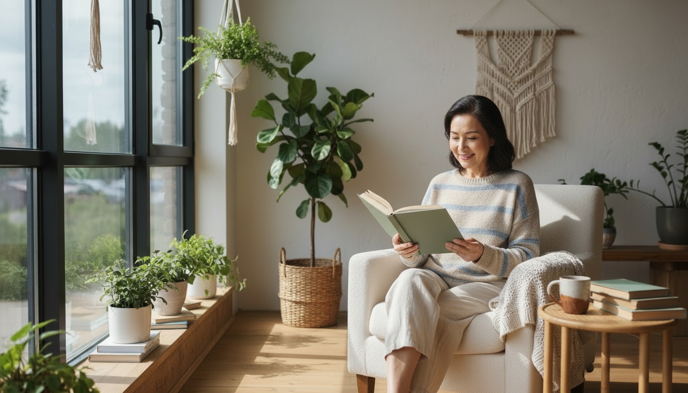 Smiling woman reading in an armchair in a bright, plant-filled living room
